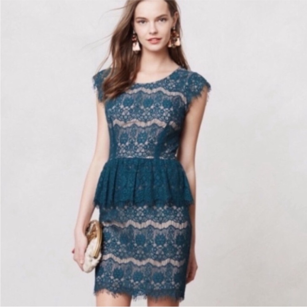 ANTHROPOLOGIE DRESS by MAEVE | flattering laced peplum with Lace Cap sleeves